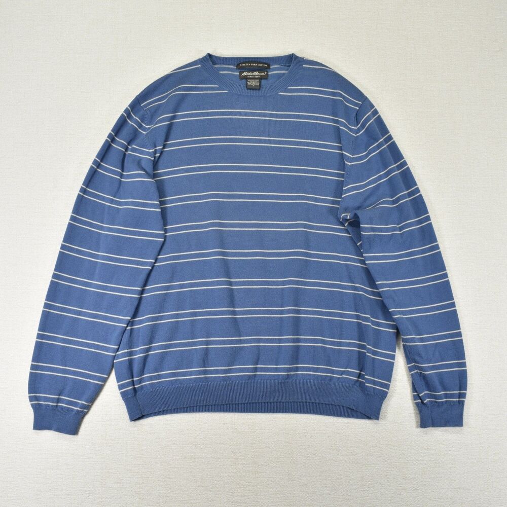 Vintage Eddie Bauer Mens Stretch Pima Cotton Blue Striped Crew Neck Sweater M - Picture 2 of 6